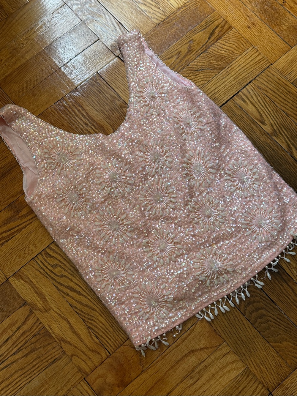 60s Vintage Powder Pink Wool Beaded Starbust Sequin Evening Top